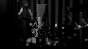 Black and white image of a recording microphone.